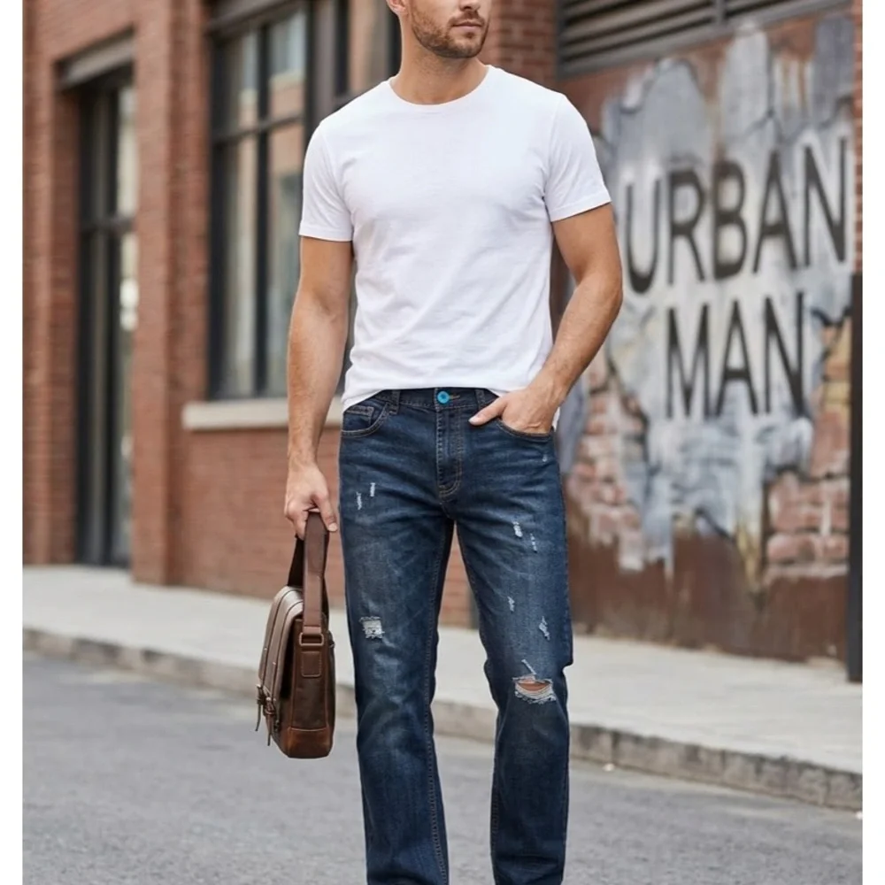 Urban Man Men's Straight Dark Blue Distressed Jeans